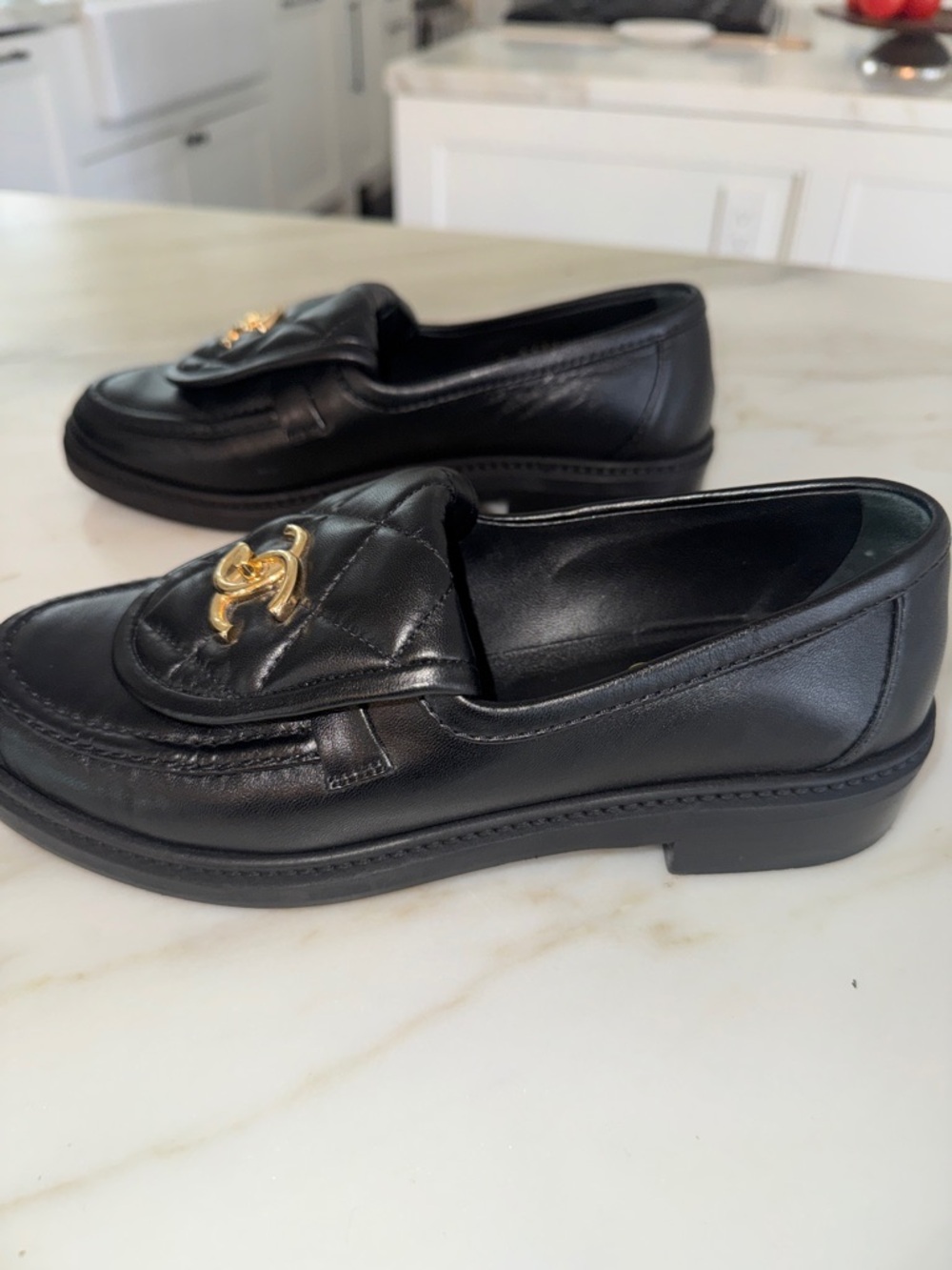 CHANEL Black Quilted Leather Loafers with Gold CC Emblem - Picture 3 of 7